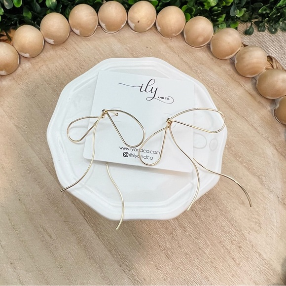 New Gold Tone Bow Threader Earrings | Lightweight | Grandmillenial | Coquette - Picture 2 of 5